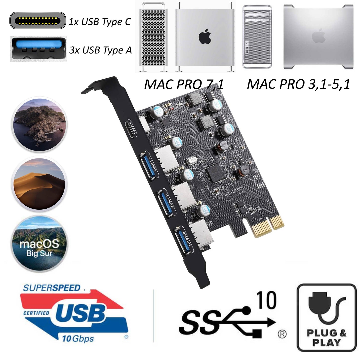 USB 3.1 Type-A & Type C MAC PRO PCIe Card - Plug and Play!! Supports 3,1 4,1 5,1