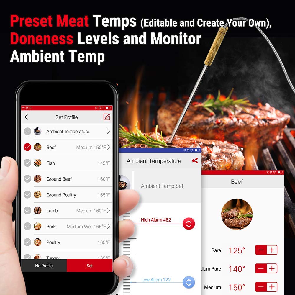 ThermoPro TP25 500ft Wireless Bluetooth Meat Thermometer with 4 Temperature Probes Smart Digital Cooking BBQ Thermometer for Grilling Oven Food